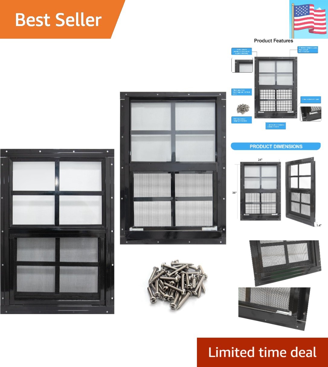 2 Pack Shed Windows with Black Frame, 24 x 36 Flush Mount Small Window with T...