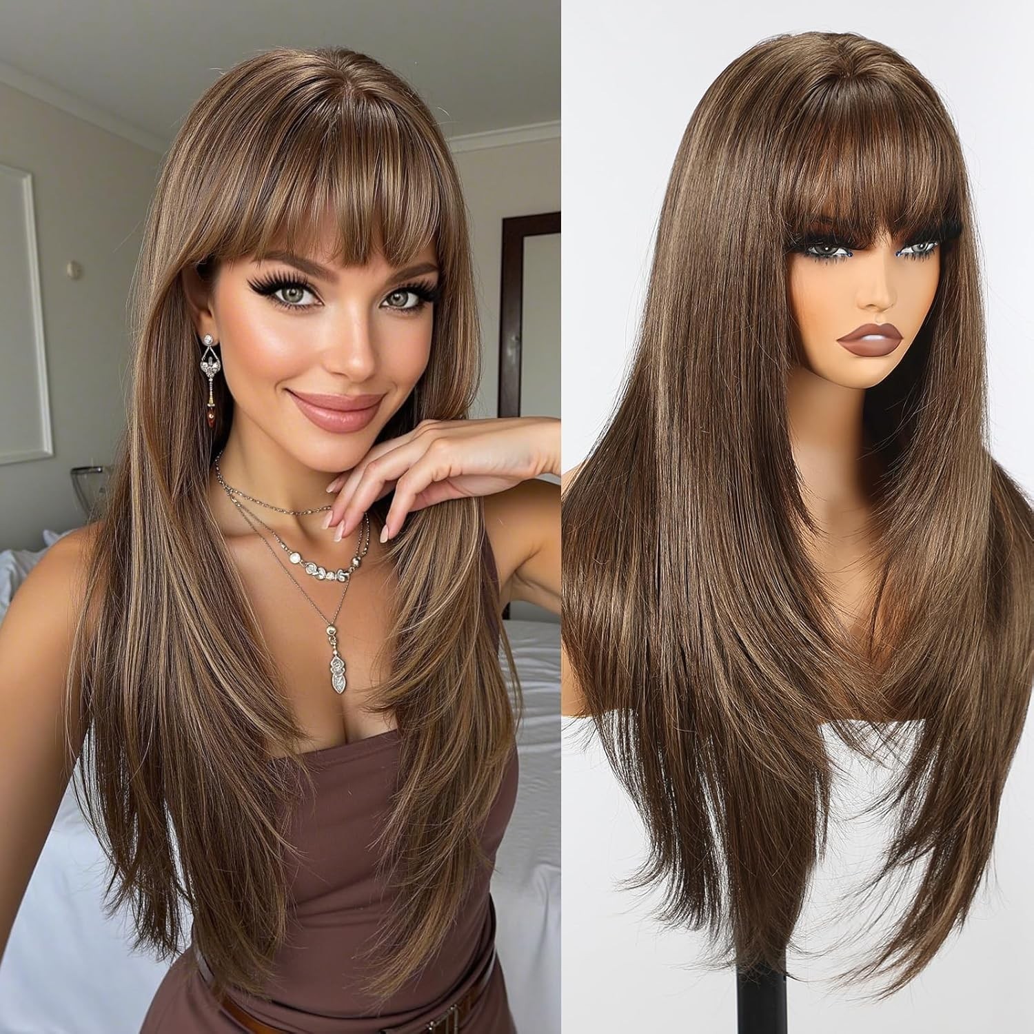 Mixed Brown Long Straight Cosplay Wigs With Bangs Synthetic Hair Heat Resistant