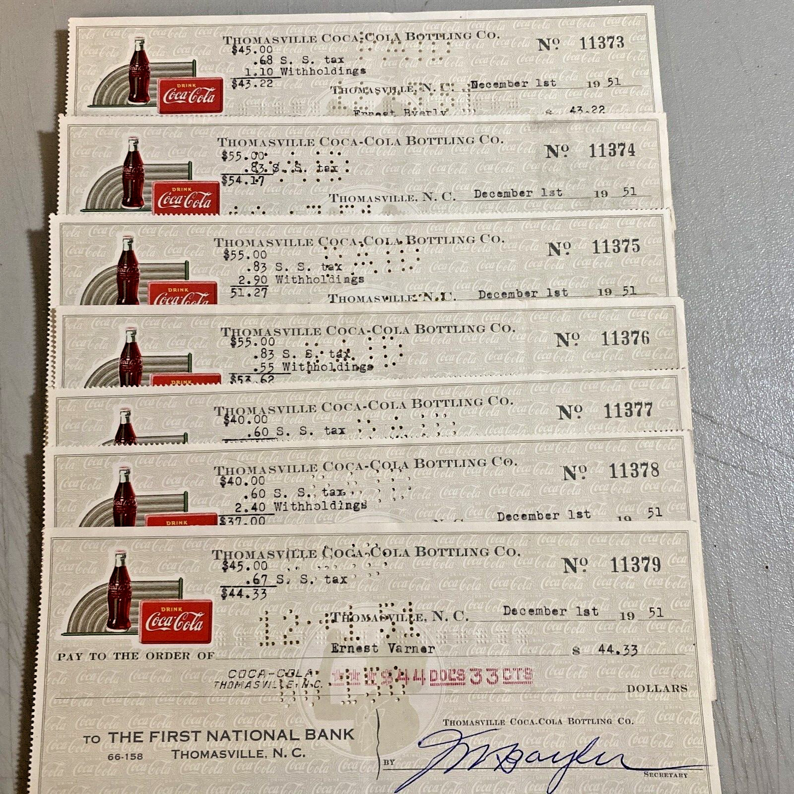1951 Coca-Cola Bottling CO Coke Canceled Check Thomasville, N.C. National Bank.