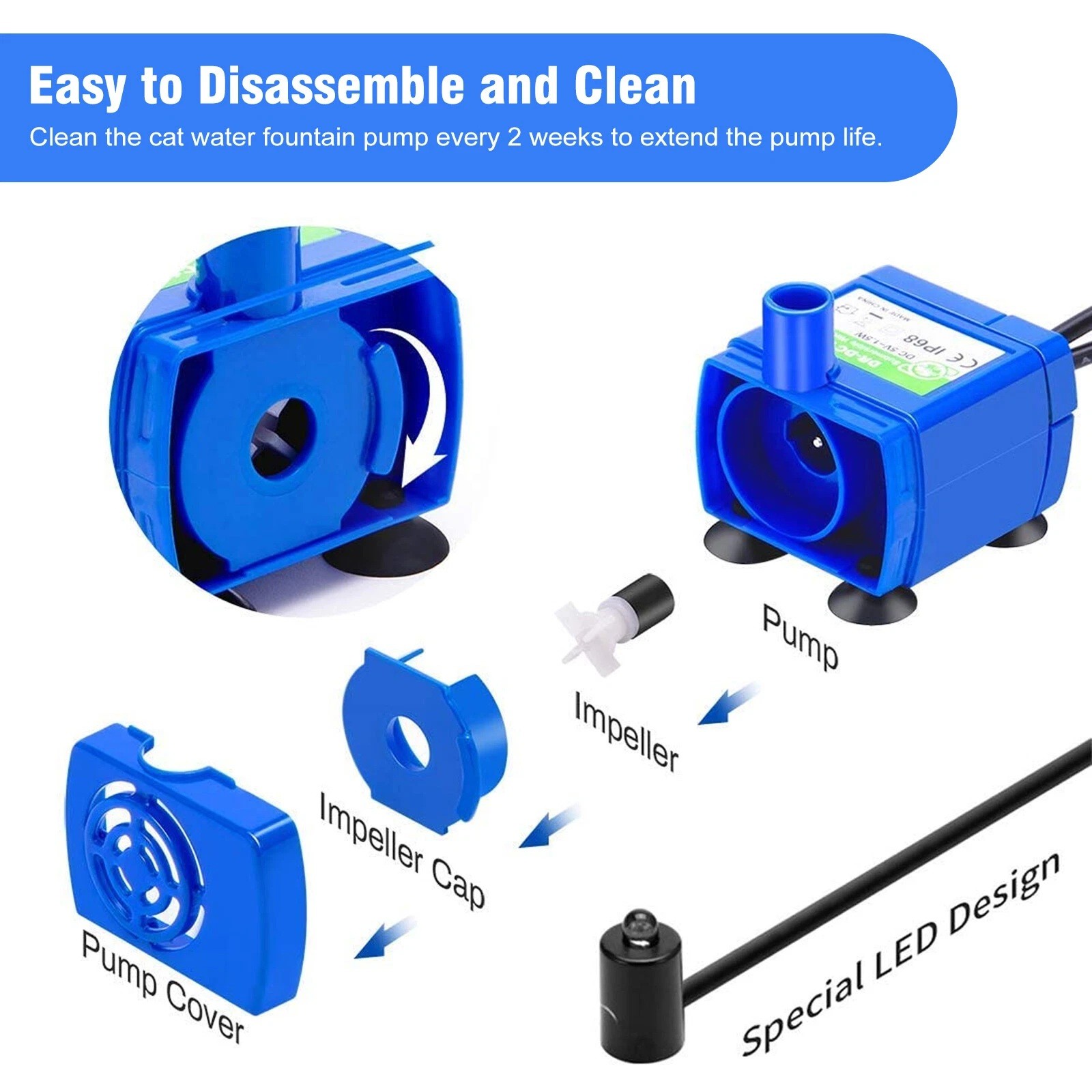 Pet Water Fountain Pump USB Rechargeable with LED Light Cat Dog Drinking Pump