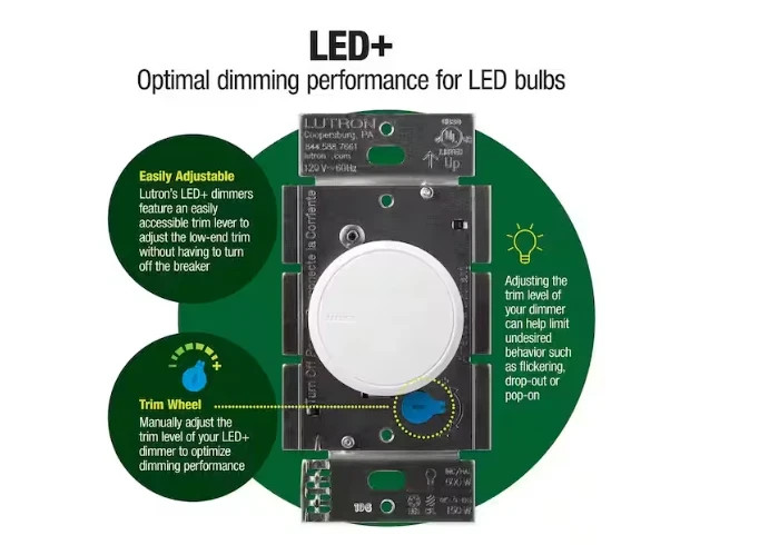Lutron RCL-153PNLH-WH Dalia LED+ Rotary Dimmer Switch Single-Pole/3-Way White