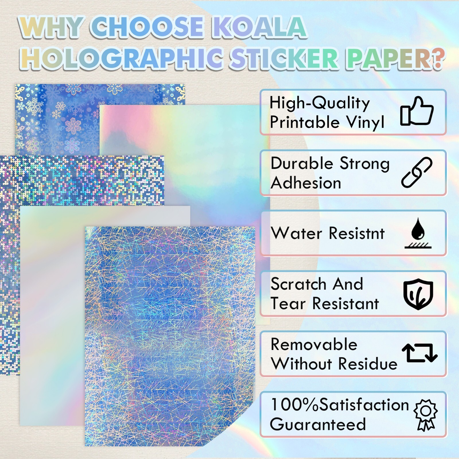 20-100 Mixed Koala Holographic Vinyl Sticker Paper for Inkjet + Laser Waterproof