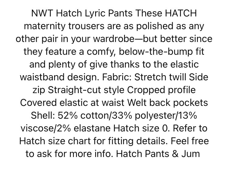 Hatch Maternity Women’s THE LYRIC PANT Midnight Cotton Blend Size 2 (M/8-10) NEW