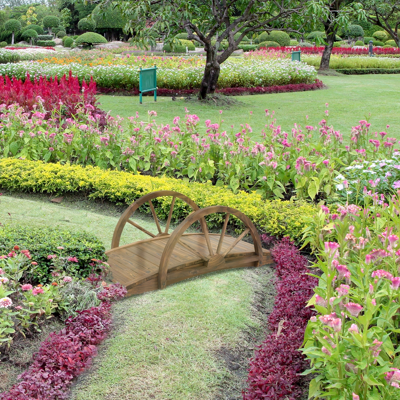 3.3ft Wooden Garden Bridge Arc Stained Finish Walkway with Half Wheeled Railings