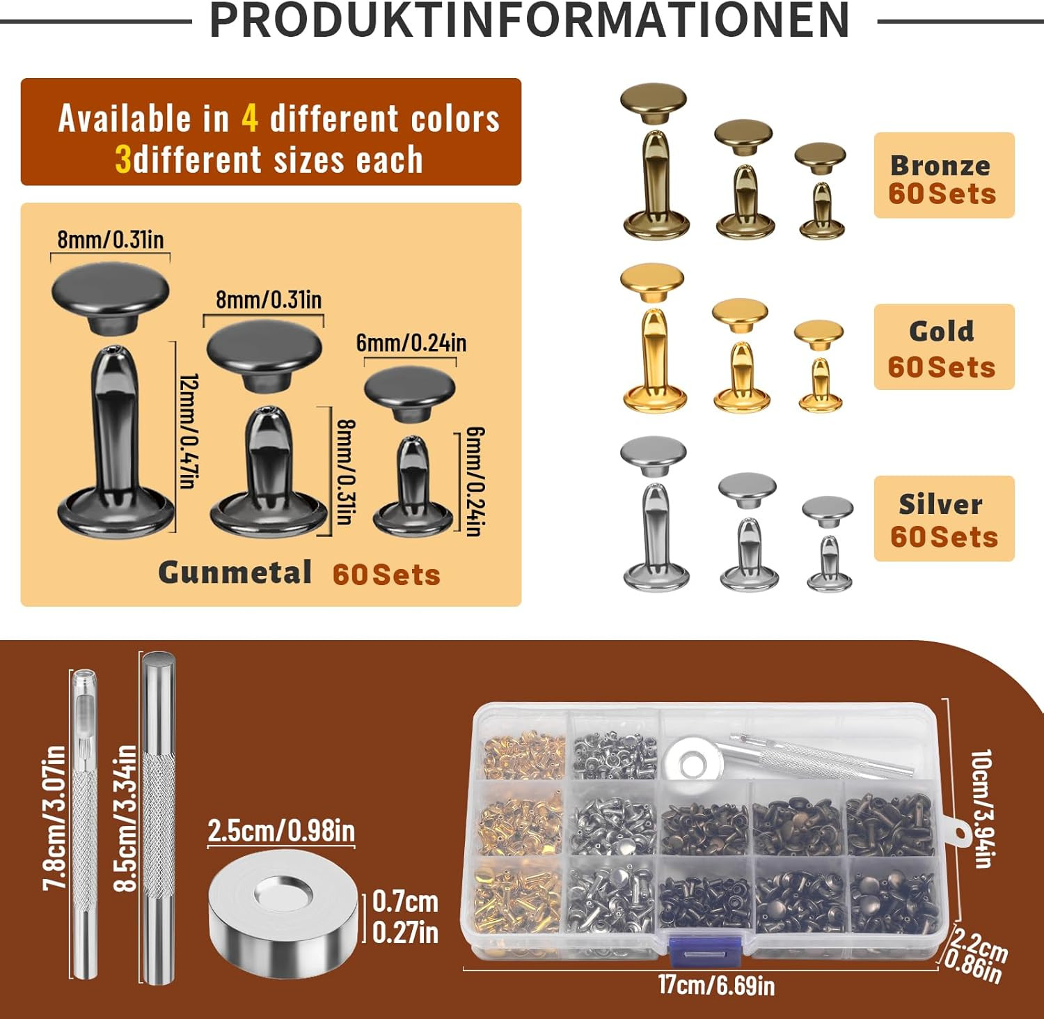240 Set Leather Rivets, 4 Colors 3 Sizes Double Cap Rivet, Rivets for Leather wi