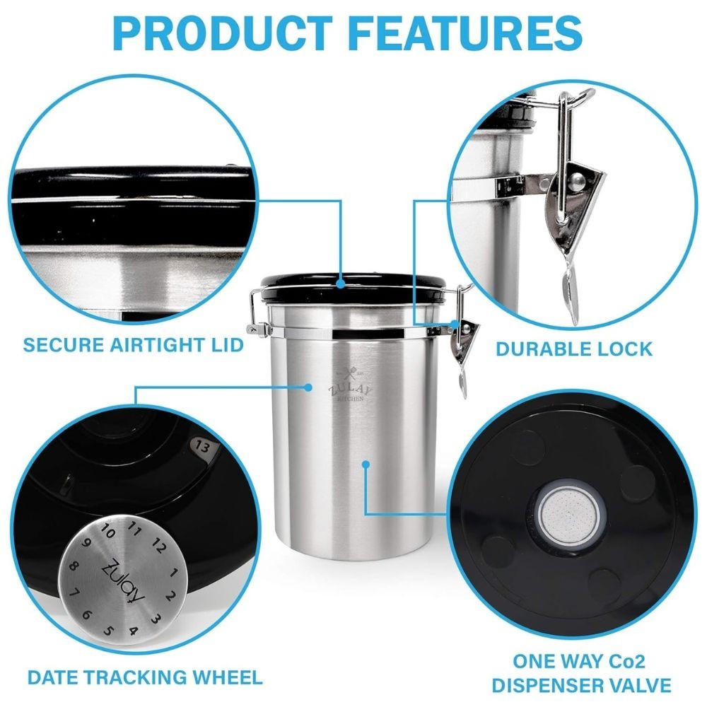 Zulay Airtight Coffee Canister Stainless Steel with Scoop & Date Tracker