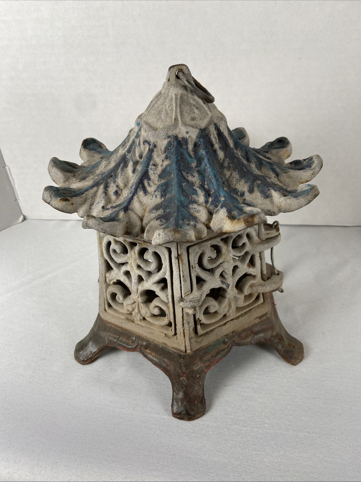 Vintage 9” Large Cast Iron Asian Pagoda Tea Light Candle Heavy Hanging Lantern
