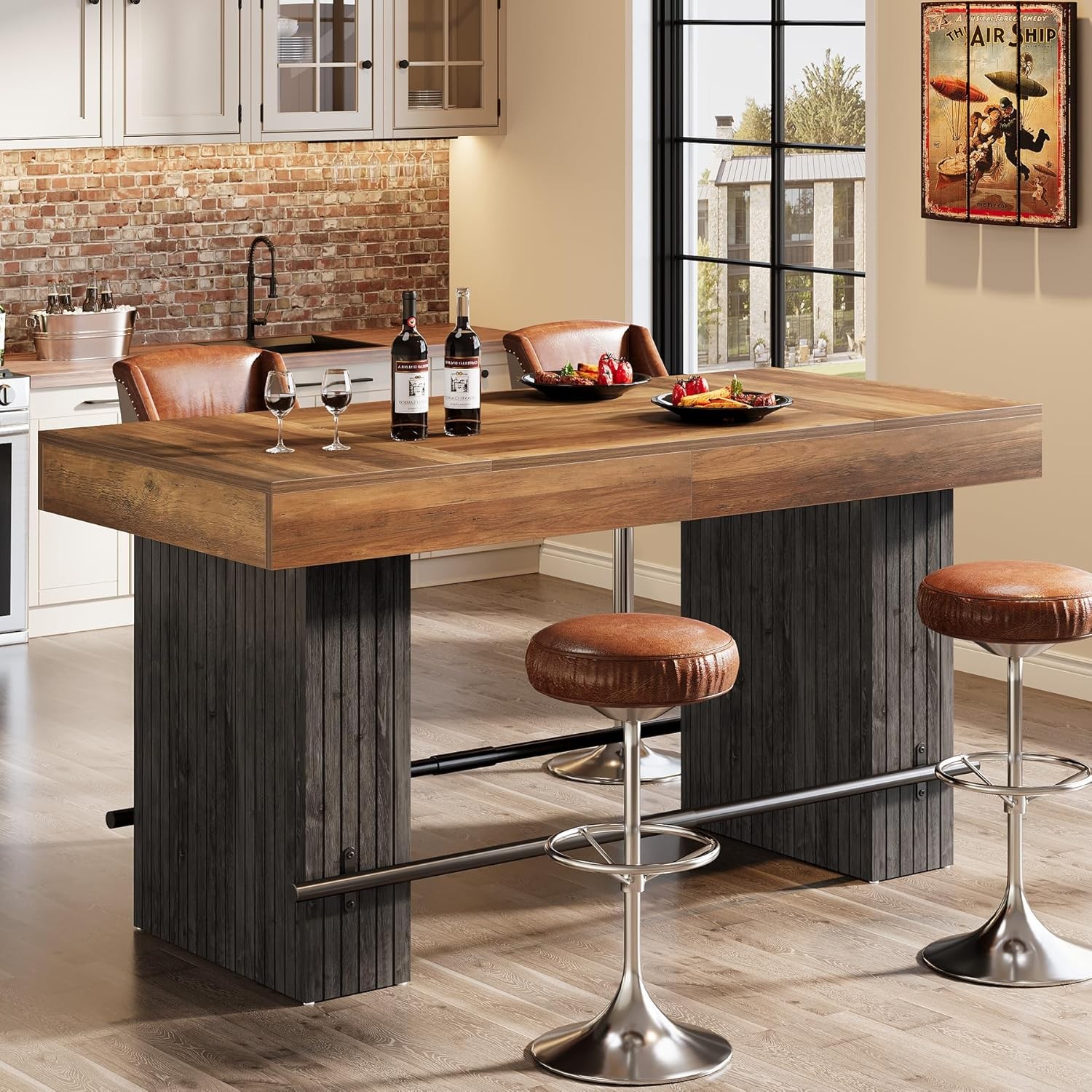 62.2-Inch Dining Table for 4-6,High Top Kitchen Pub Bar Island with Footrest