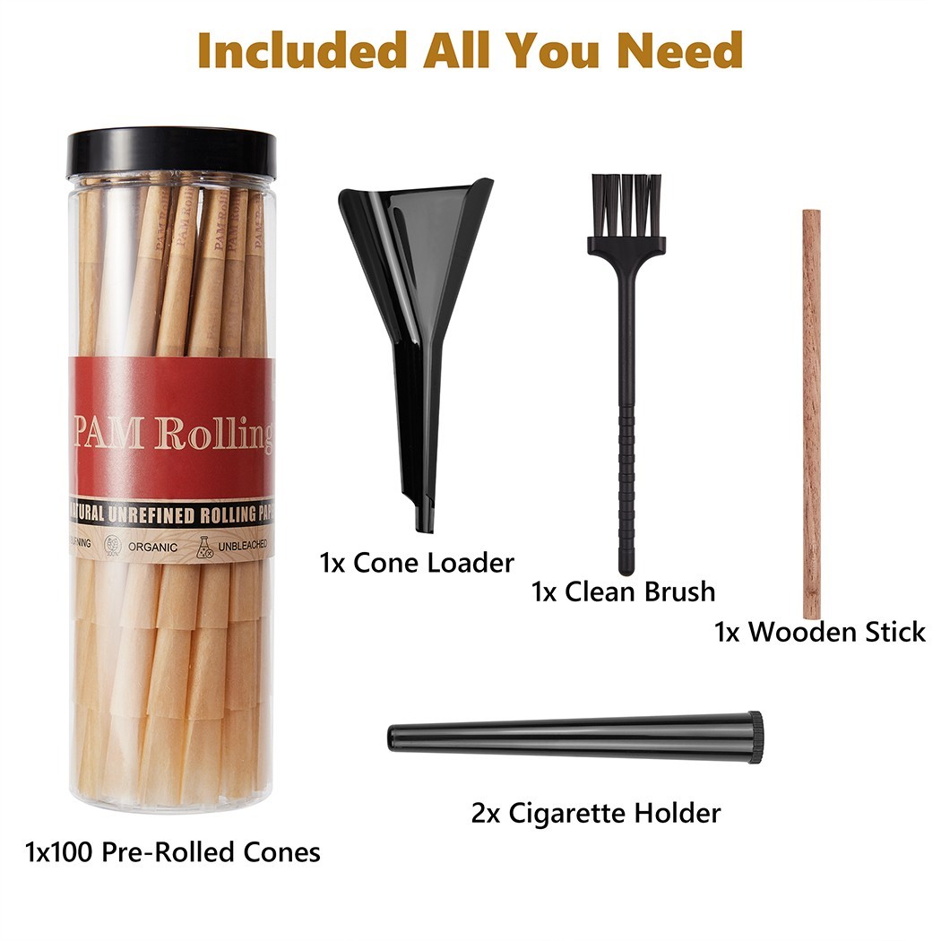 100Pack King Size W/Filter Tip Pre Rolled Cones with Cone Loader Stick and Tubes