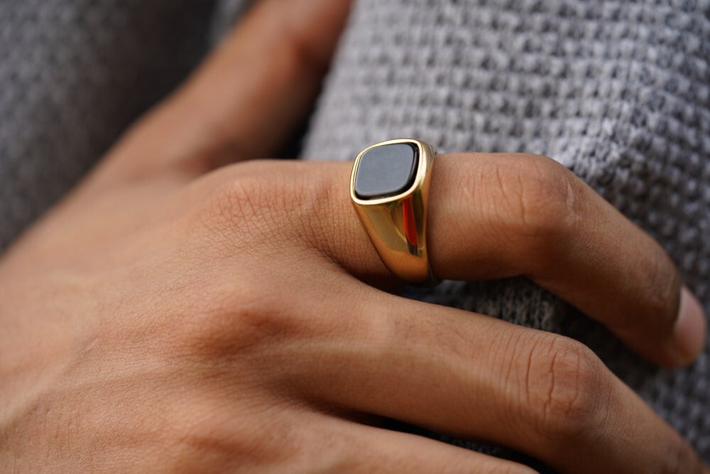 Cushion Black Onyx Ring in Silver or Gold Natural Gemstone Ring For Husband Mens