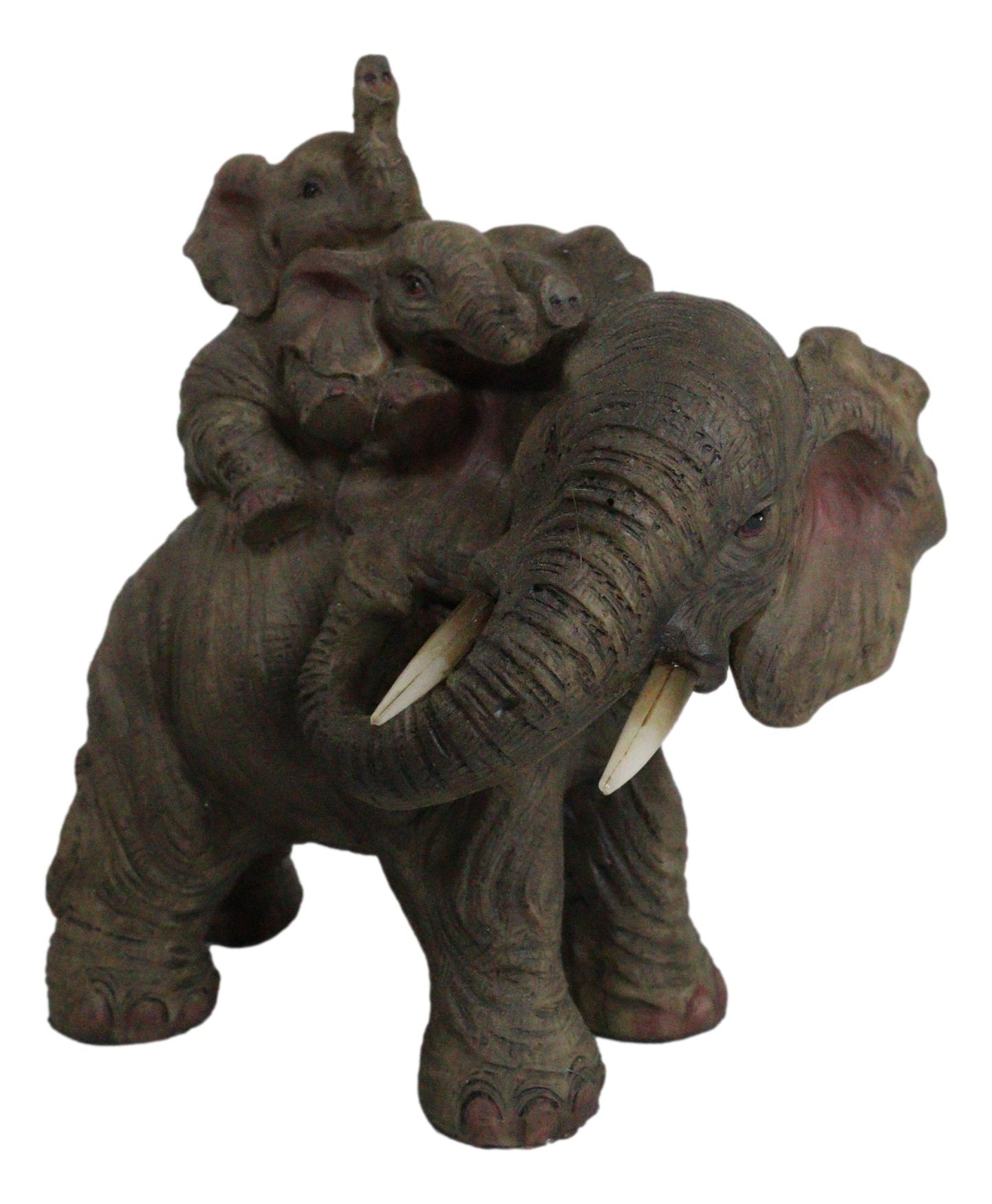 Small Wildlife Elephant Father And 2 Calves On Piggyback Playing Statue 5.25"H