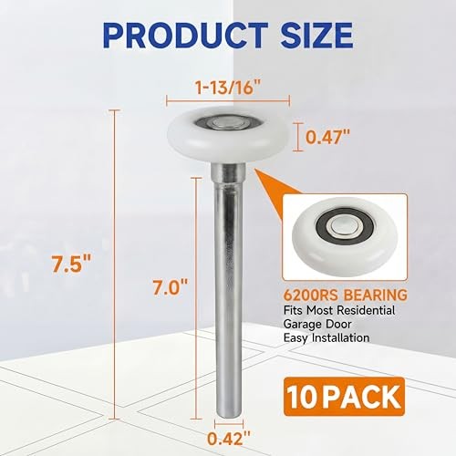 Set Spark 10-Pack 7" Stem 2" Nylon Garage Door Rollers, Ultra Quiet & Durable