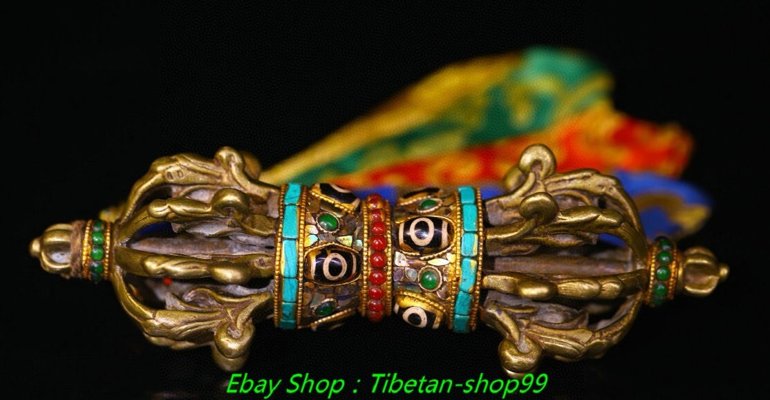 8.6''Old Tibet Bronze Painting inlay Dzi Bead Dorje Vajra Bell & Holder Faqi