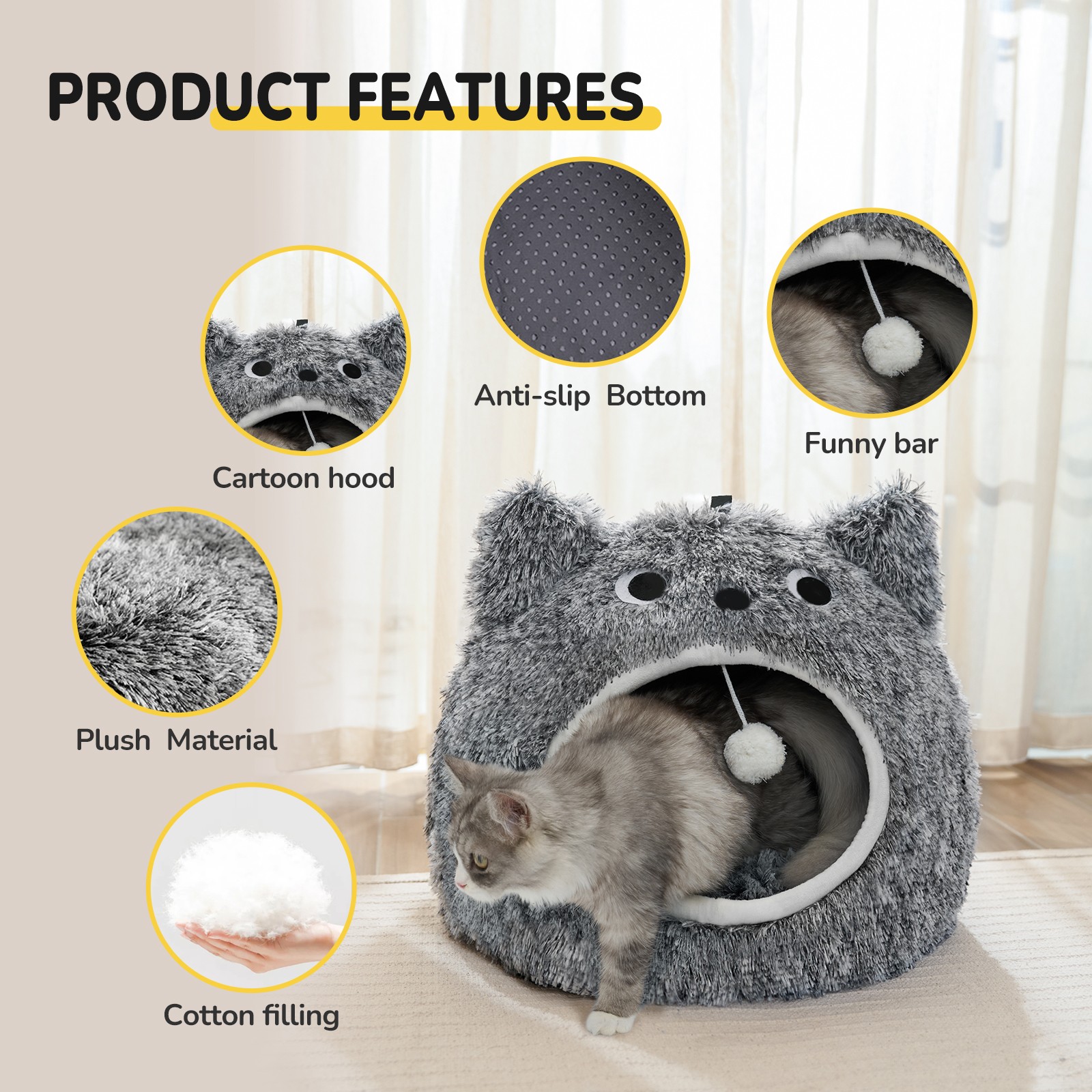 CATISM Cat Bed Indoor Soft Plush Removable Pillow Non-Slip Base Dogs Cave Nest