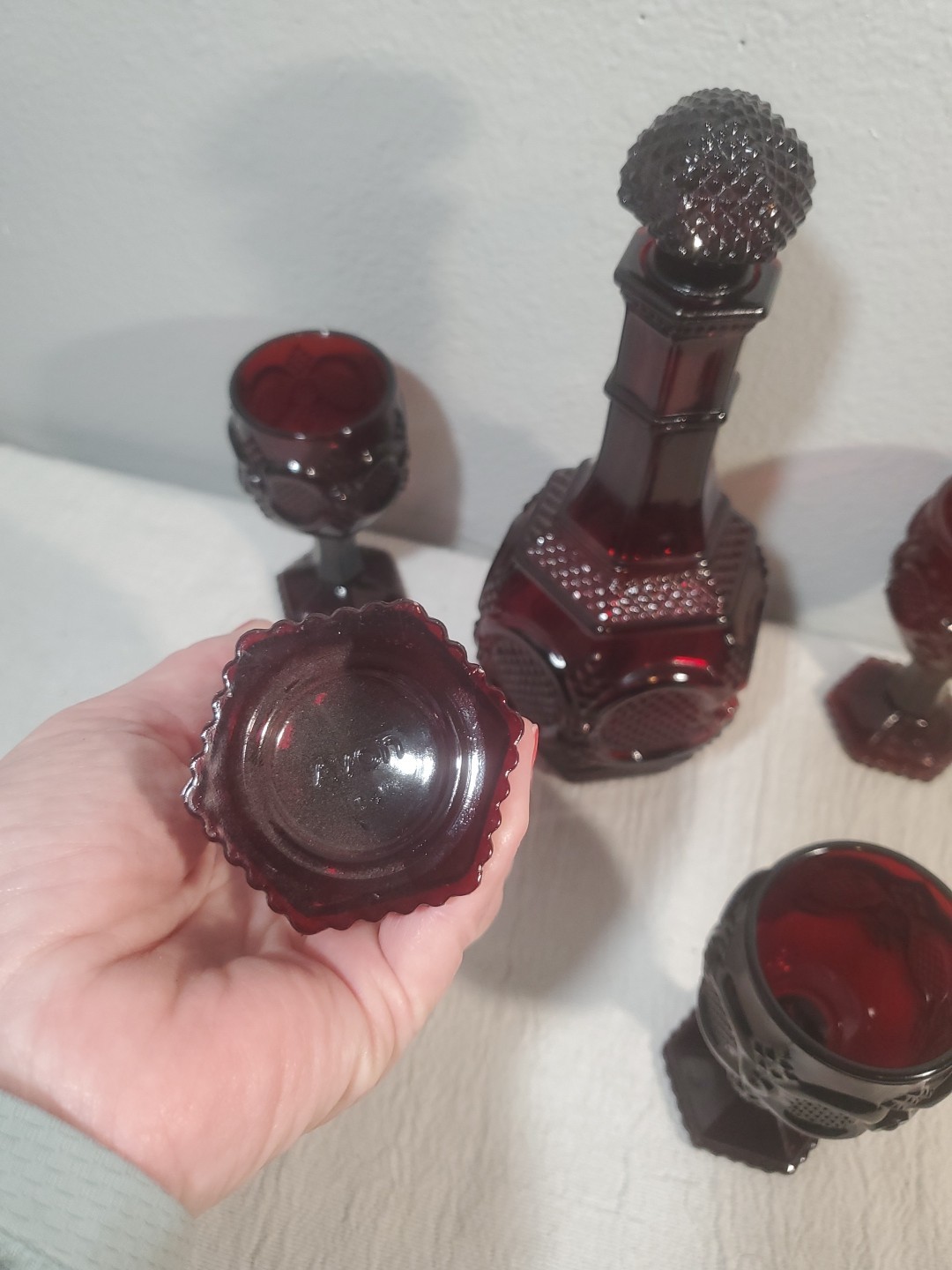 VTG Avon Decanter 4 Small Goblets 1876 Cape Cod Ruby Red Glass Victorian Gothic