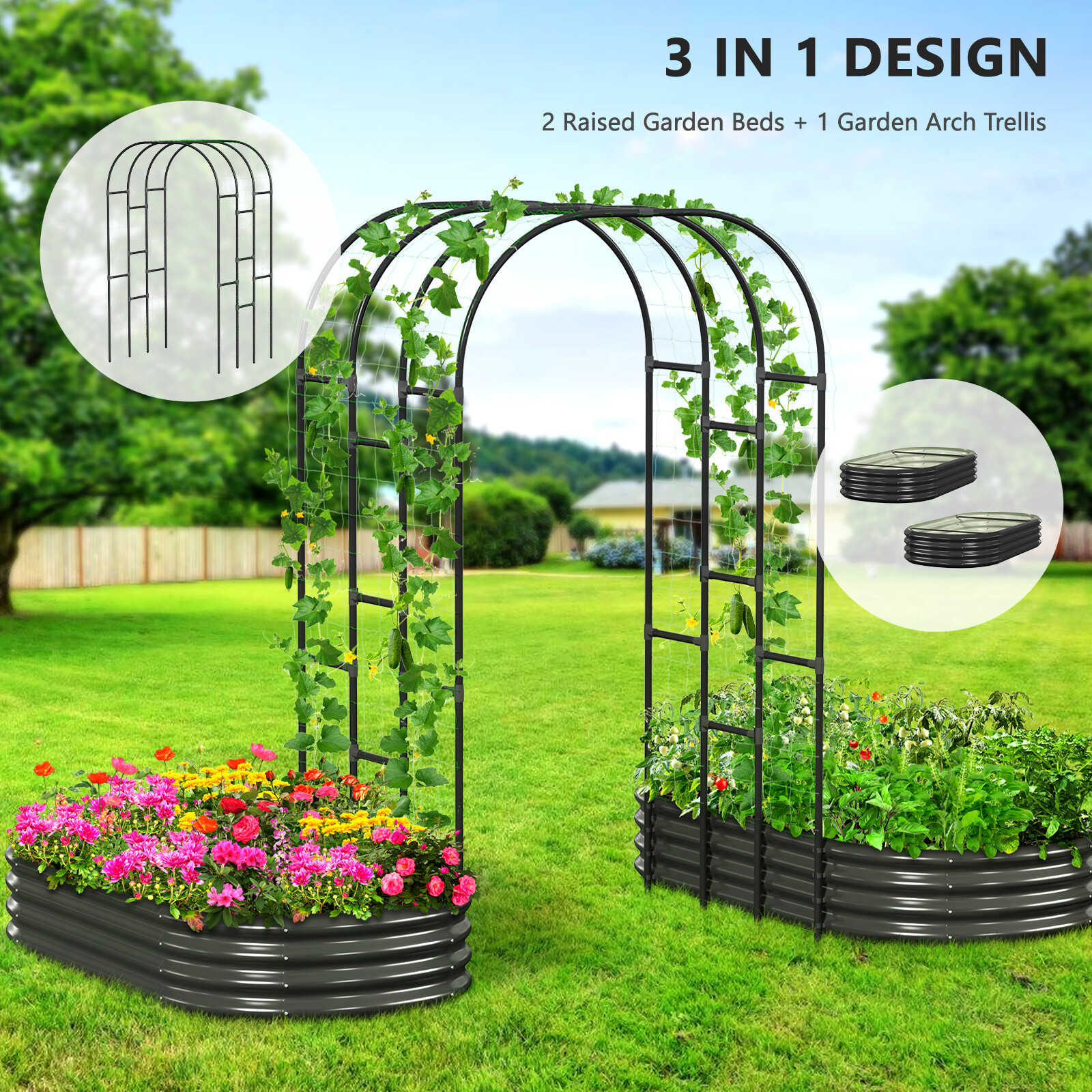 SLSY Galvanized Raised Garden Bed with 85in Tall Garden Trellis for Vegetables