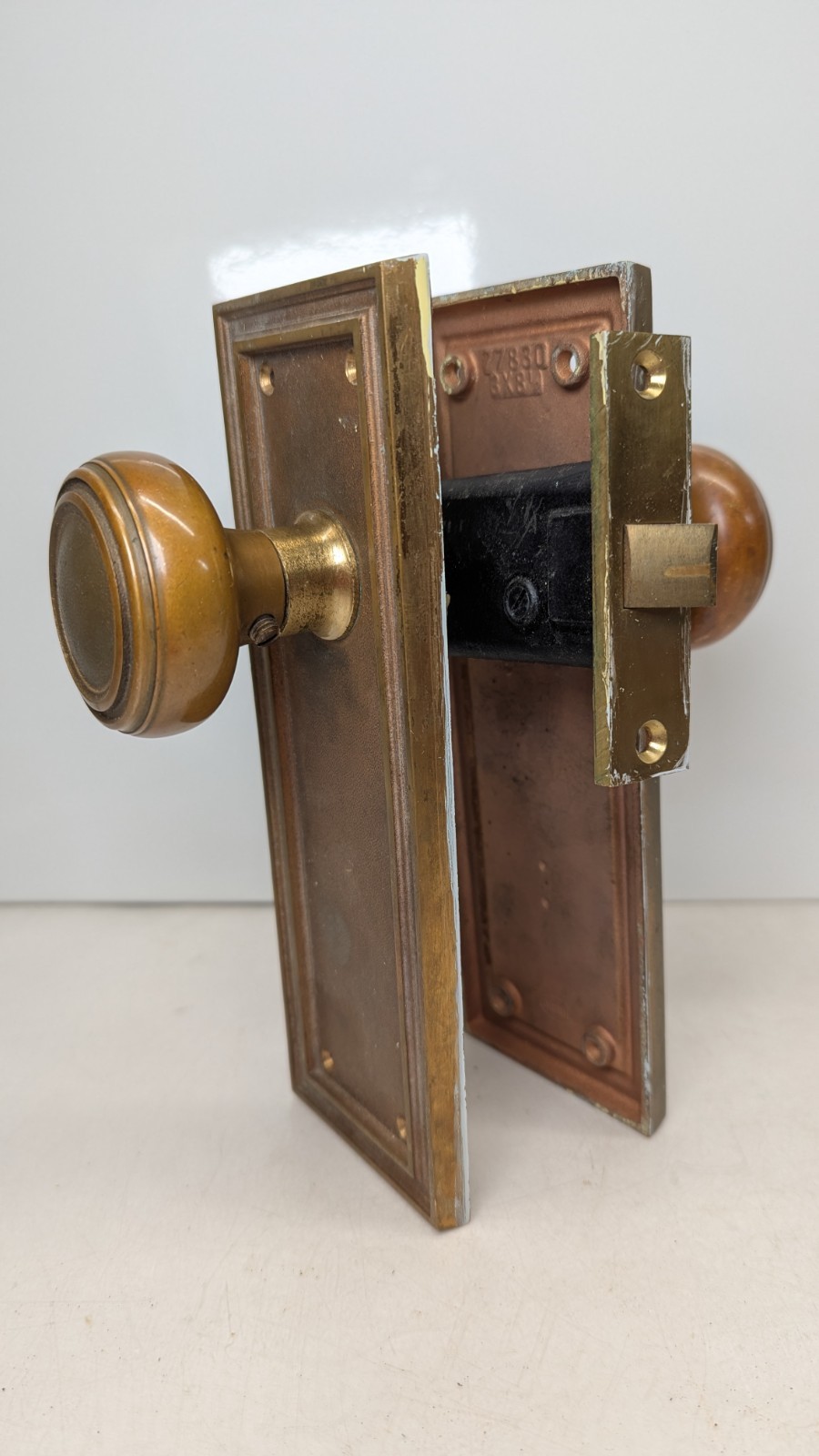 Heavy Brass 1920s Art Deco Corbin Set Door Knobs, Plates, Mortise MORE AVAILABLE