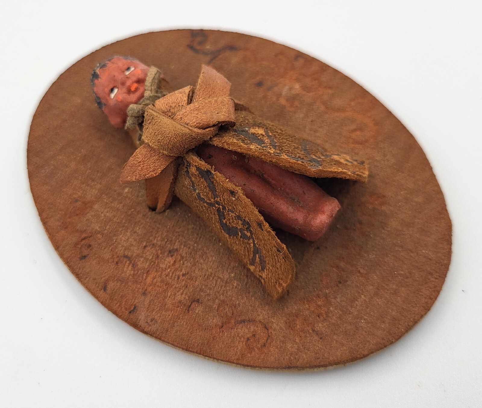 Antique Hand Crafted Clay And Leather Native American Papoose Cradle Doll