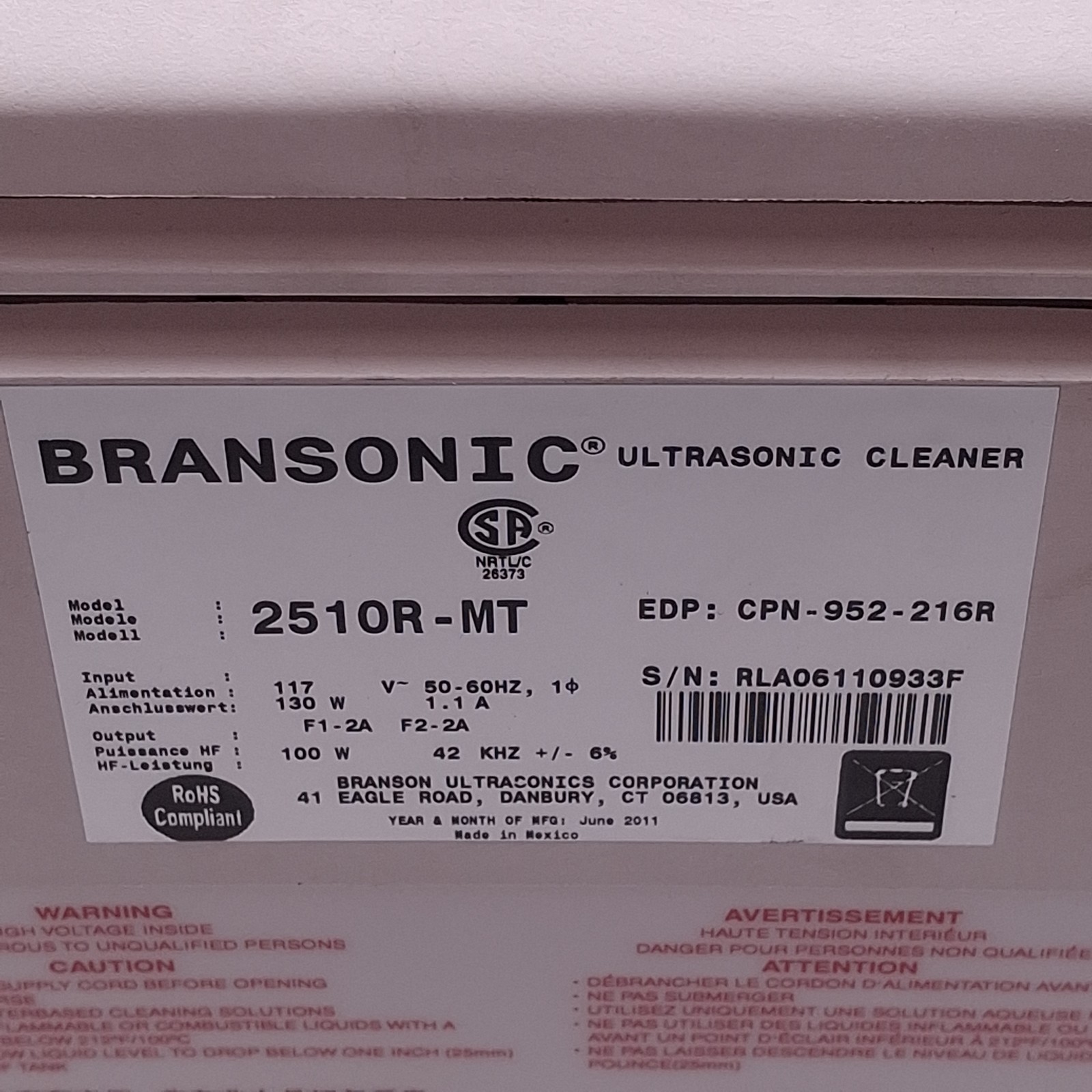 Branson 2510R-MT Ultrasonic Bath Cleaner, 3/4 gal., Ambient to 69°C, 117VAC 130W