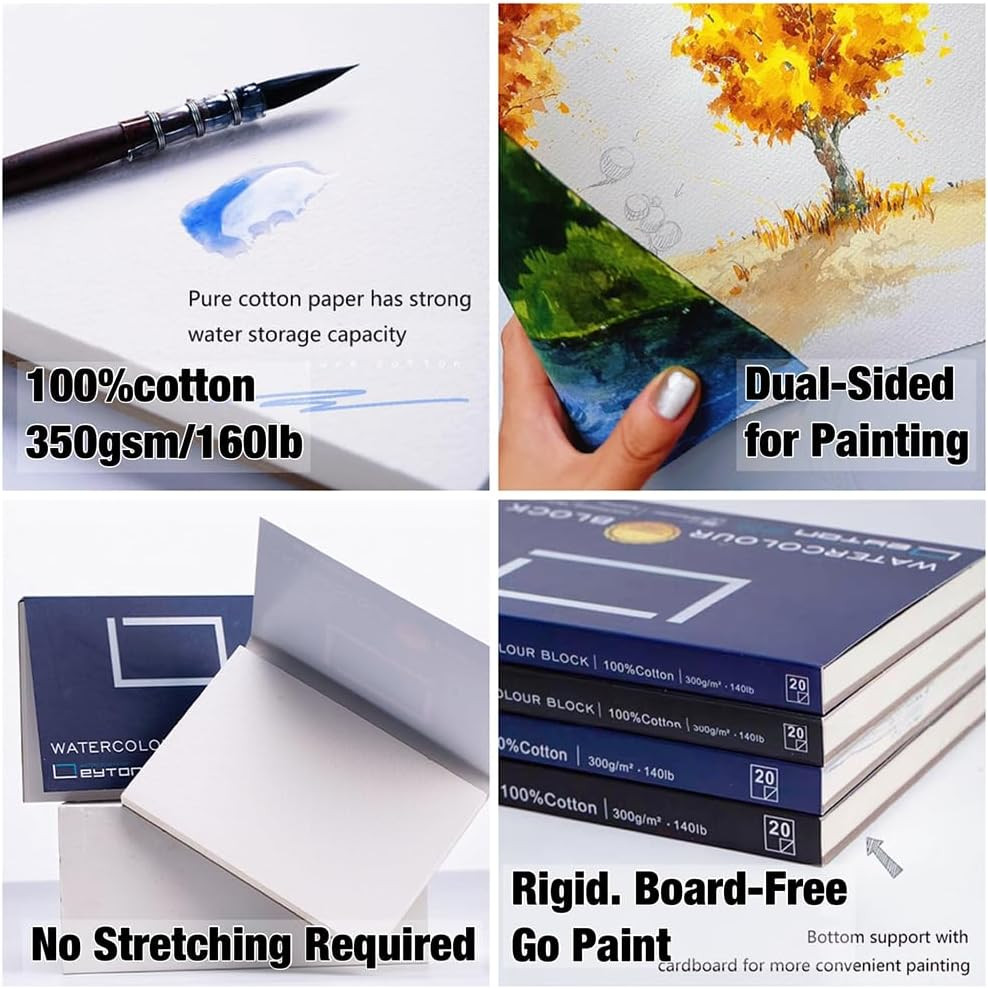 Non-Warping 100% Cotton Watercolor Paper Block - 20 Sheets of 160Lb/350Gsm Co...
