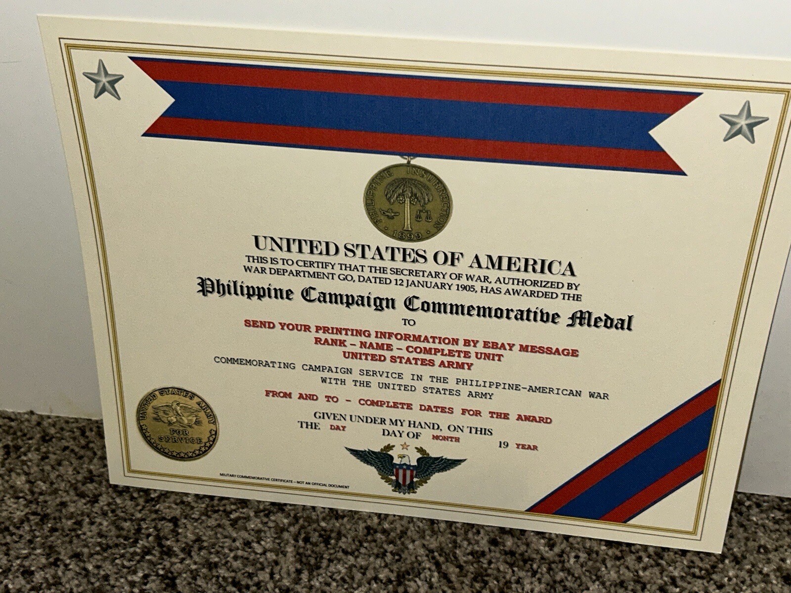 PHILIPPINE CAMPAIGN (ARMY) COMMEMORATIVE MEDAL CERTIFICATE ~ W/PRINTING TYPE-1