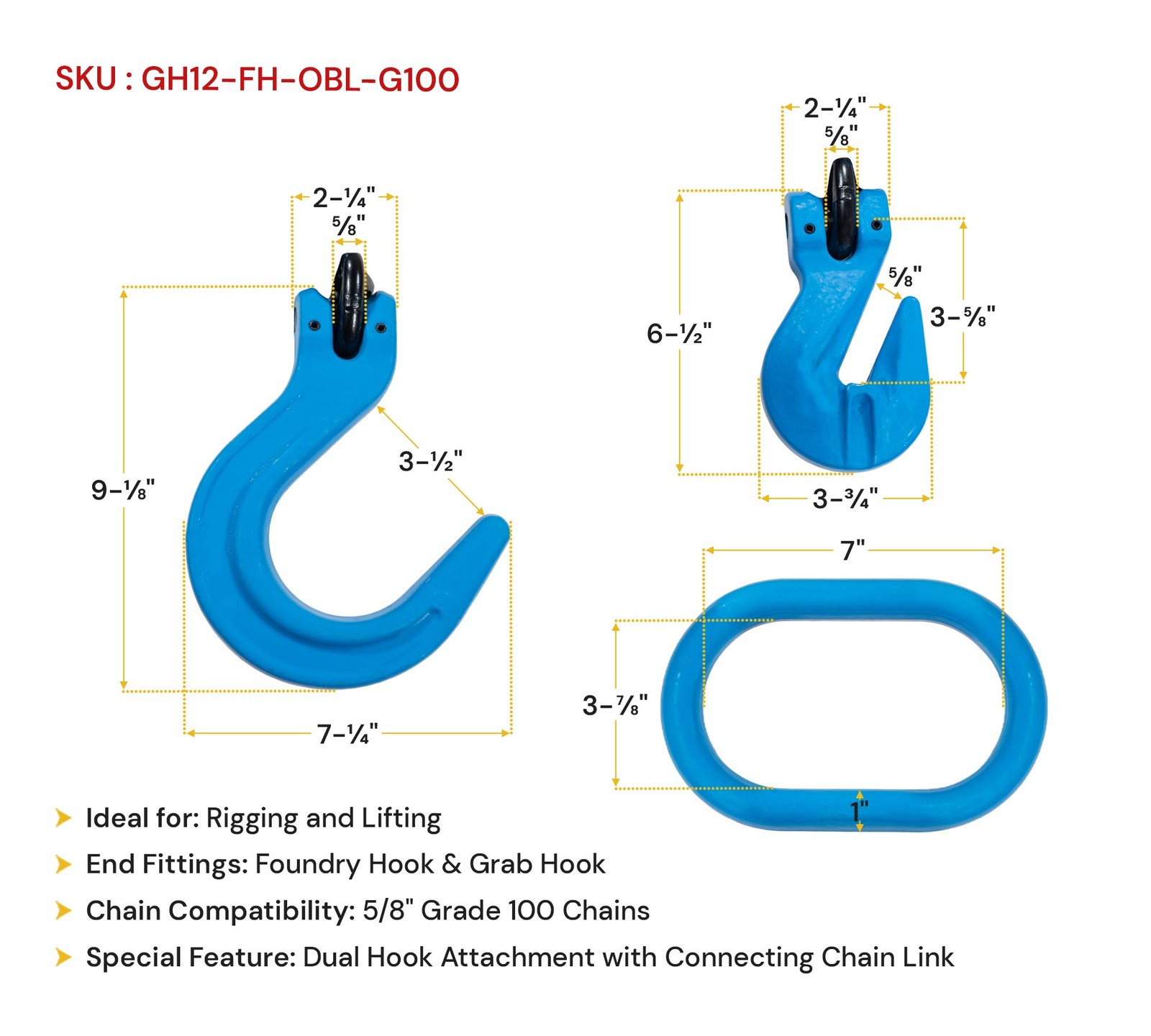 1/2" G100 Recovery Chain Adjustment w/ Foundry & Grab Hook 15000 lbs WLL Blue
