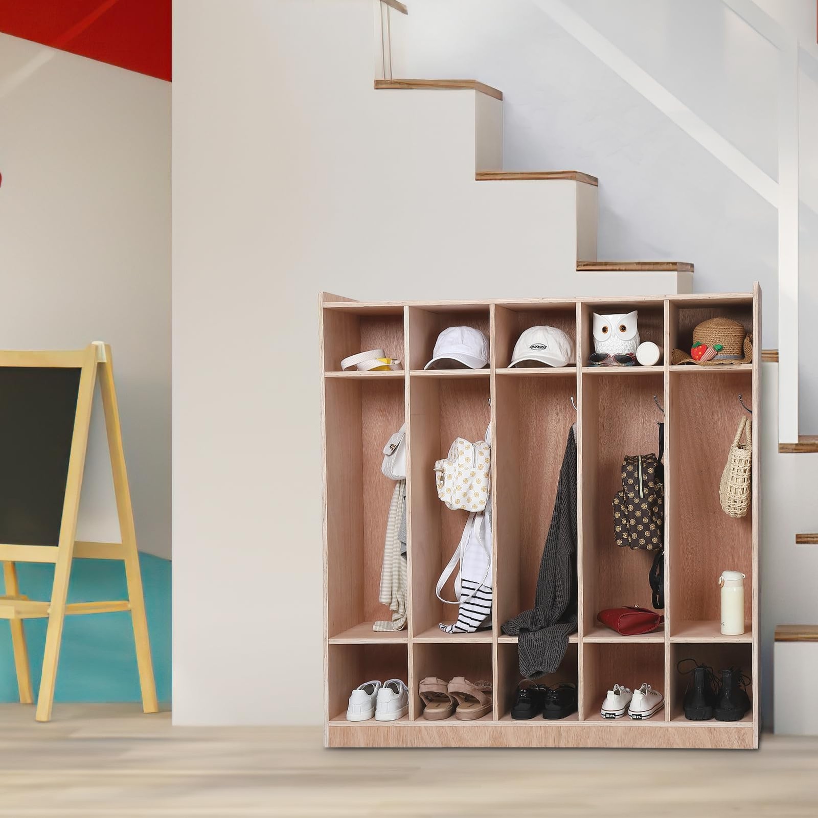 Daycare Cubby 5-Section 10 Cubbies with 4 Hidden Wheels 5 Hooks 2 Storage Boxes