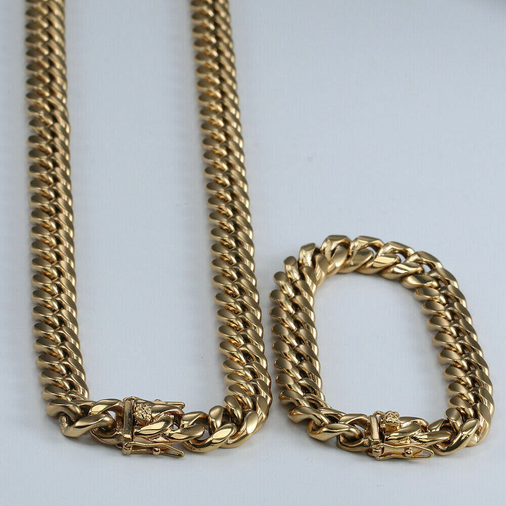 Men's Miami Cuban Link Bracelet&Chain Combo Set 14K Gold Plated Stainless Steel