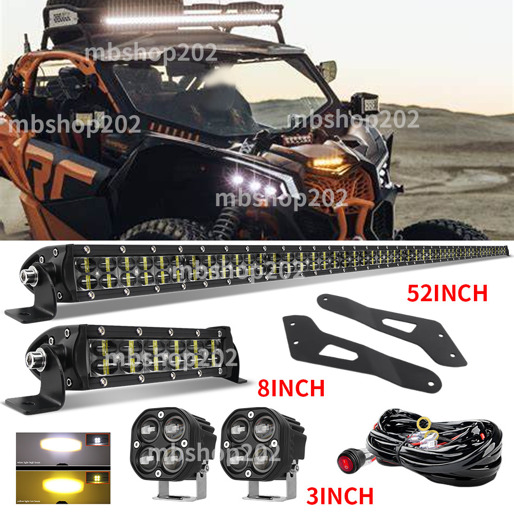 FIT Can-Am Maverick X3 Max Roof 52inch +8" LED Light Bar+3" Pods+Wires bracket