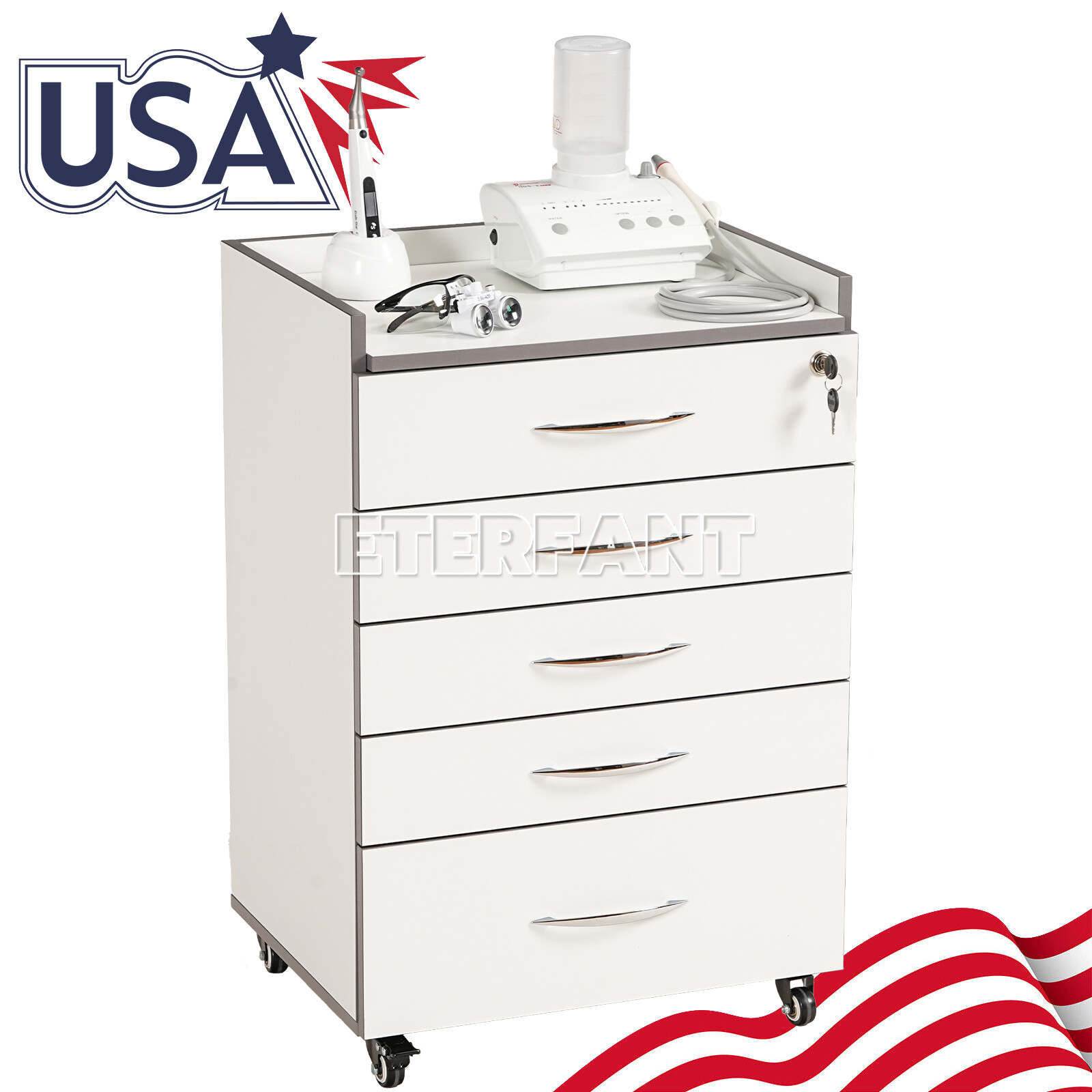 Dental Medical 5 Drawers Trolley Cart Acrylic Mobile Rolling Cart Wooden Cabinet