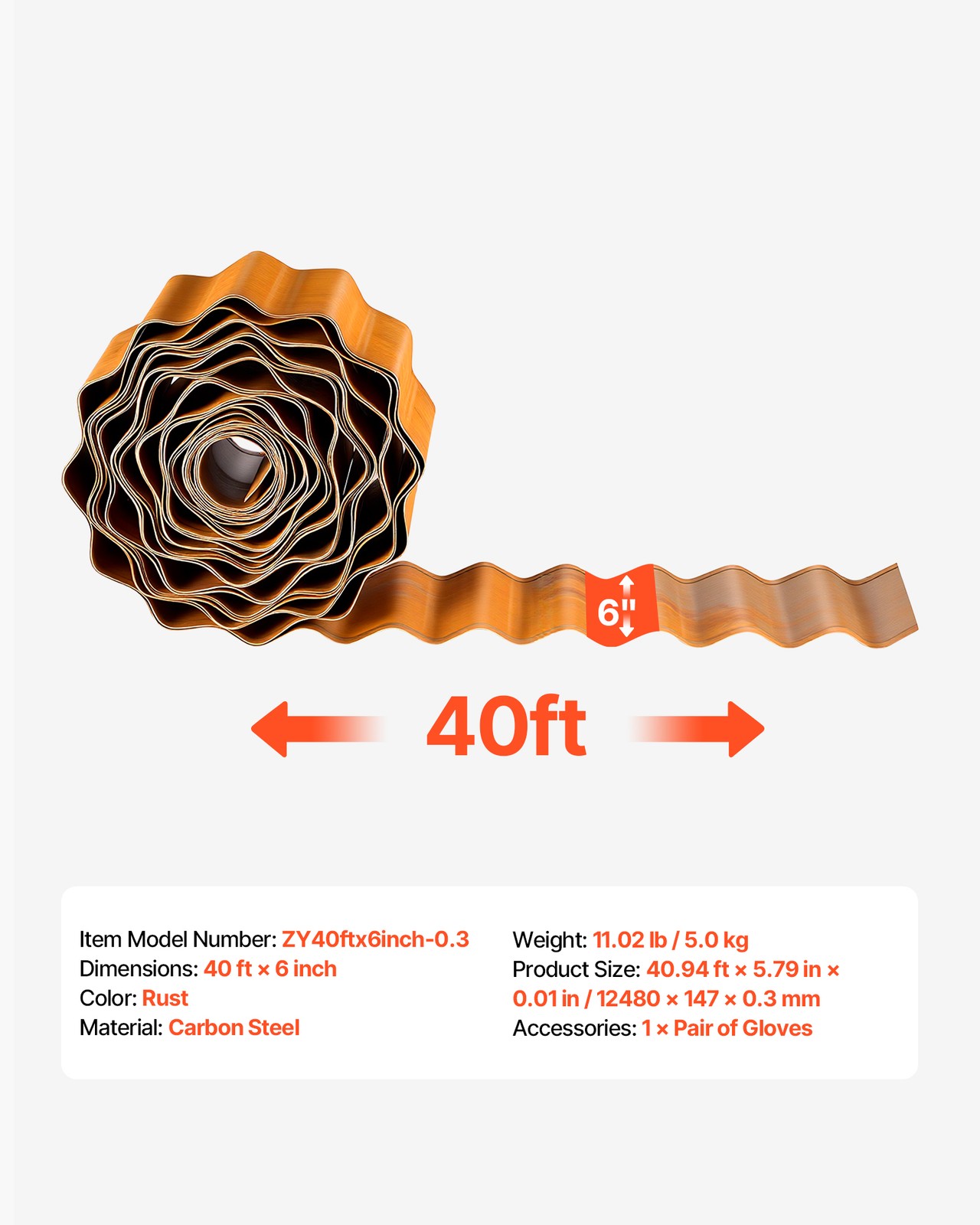 VEVOR Carbon Steel Landscape Edging 40 ft x 6 in Metal Garden Edging