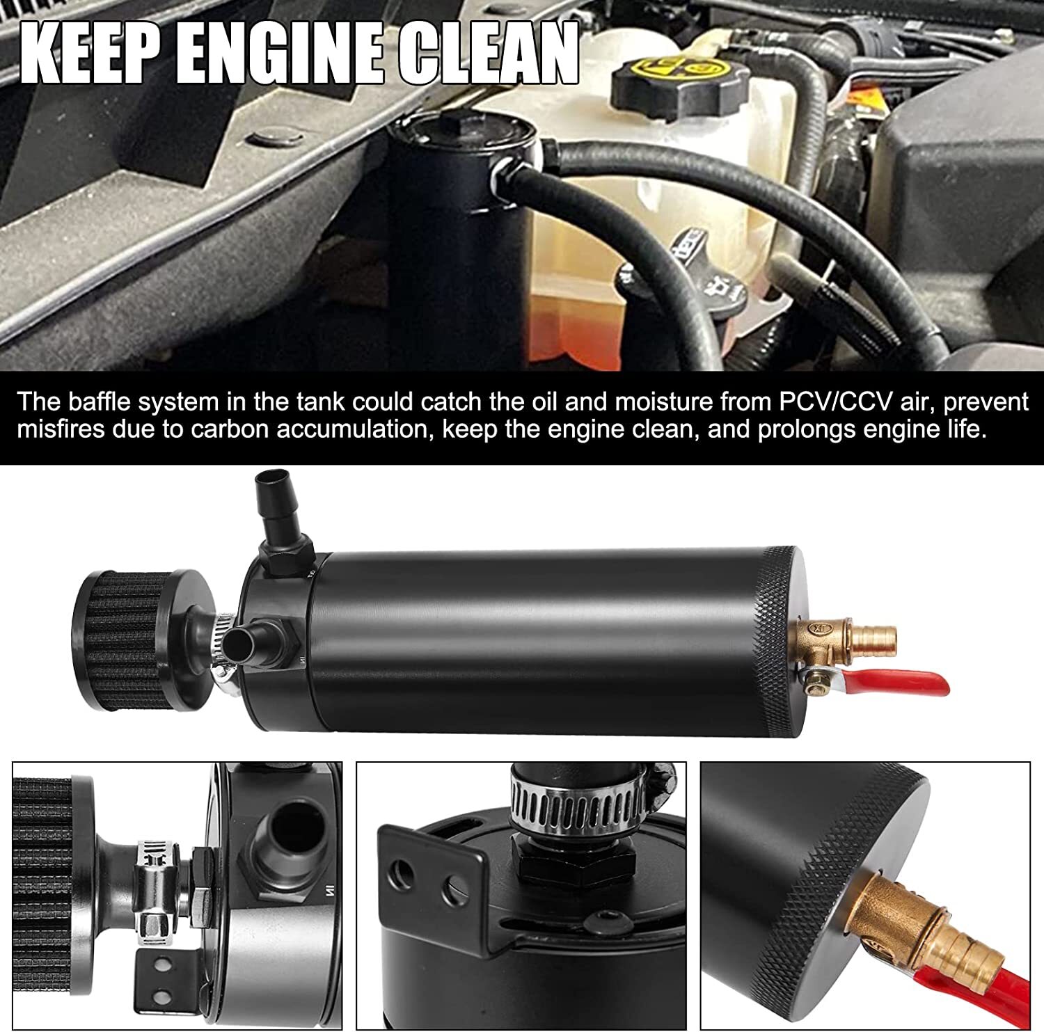 Universal Aluminum Oil Catch Can Kit Reservoir Baffled Tank with Breather Filter