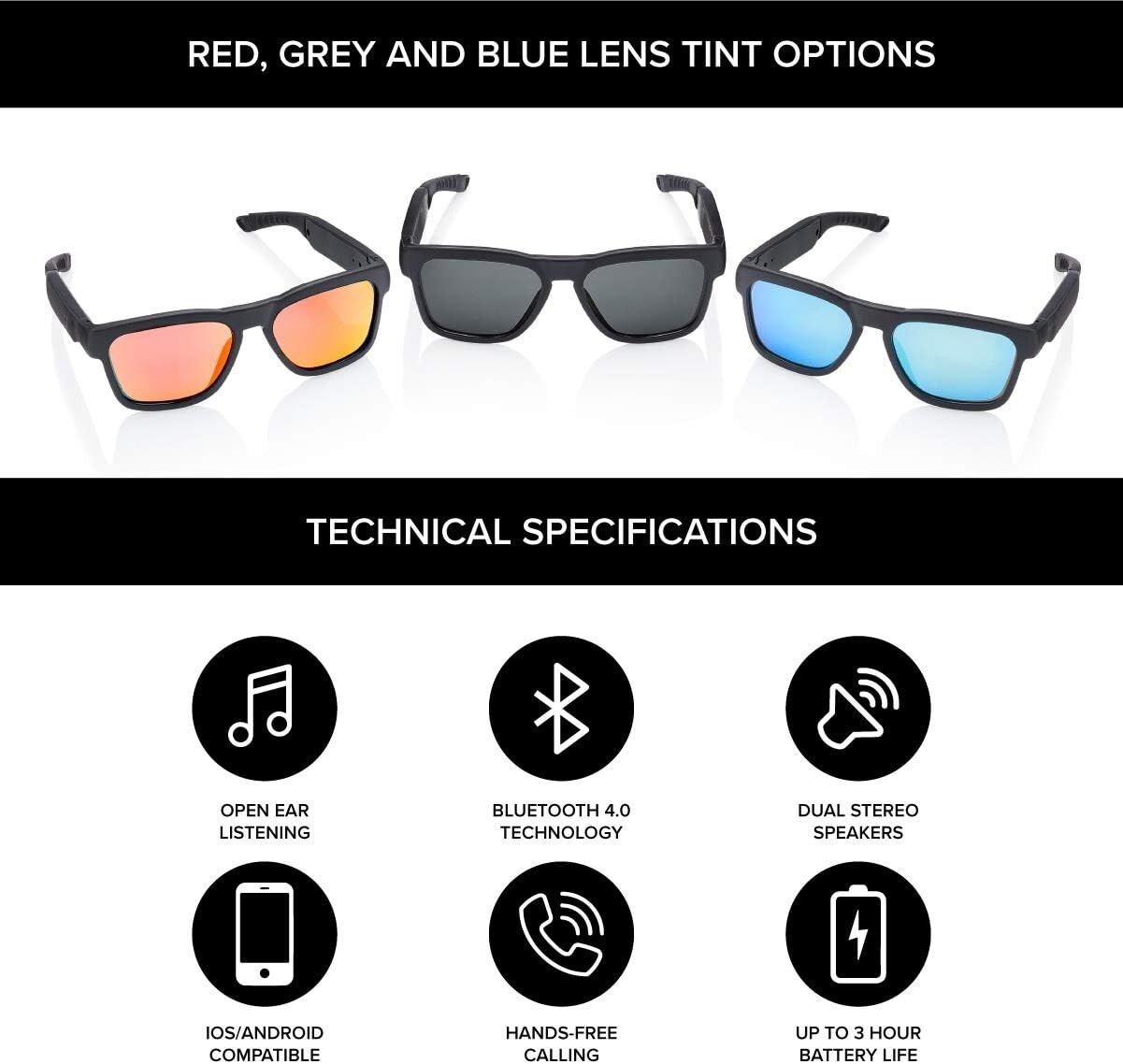 Inventiv Bluetooth Sunglasses Open Ear Headphones Music Hands-Free Calling