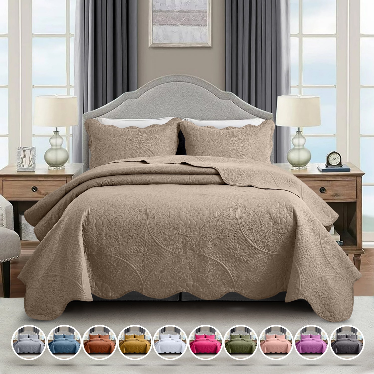 Quilted Floral Bedspread with Pillow Shams 3 Piece Soft Bedding Throw Queen King