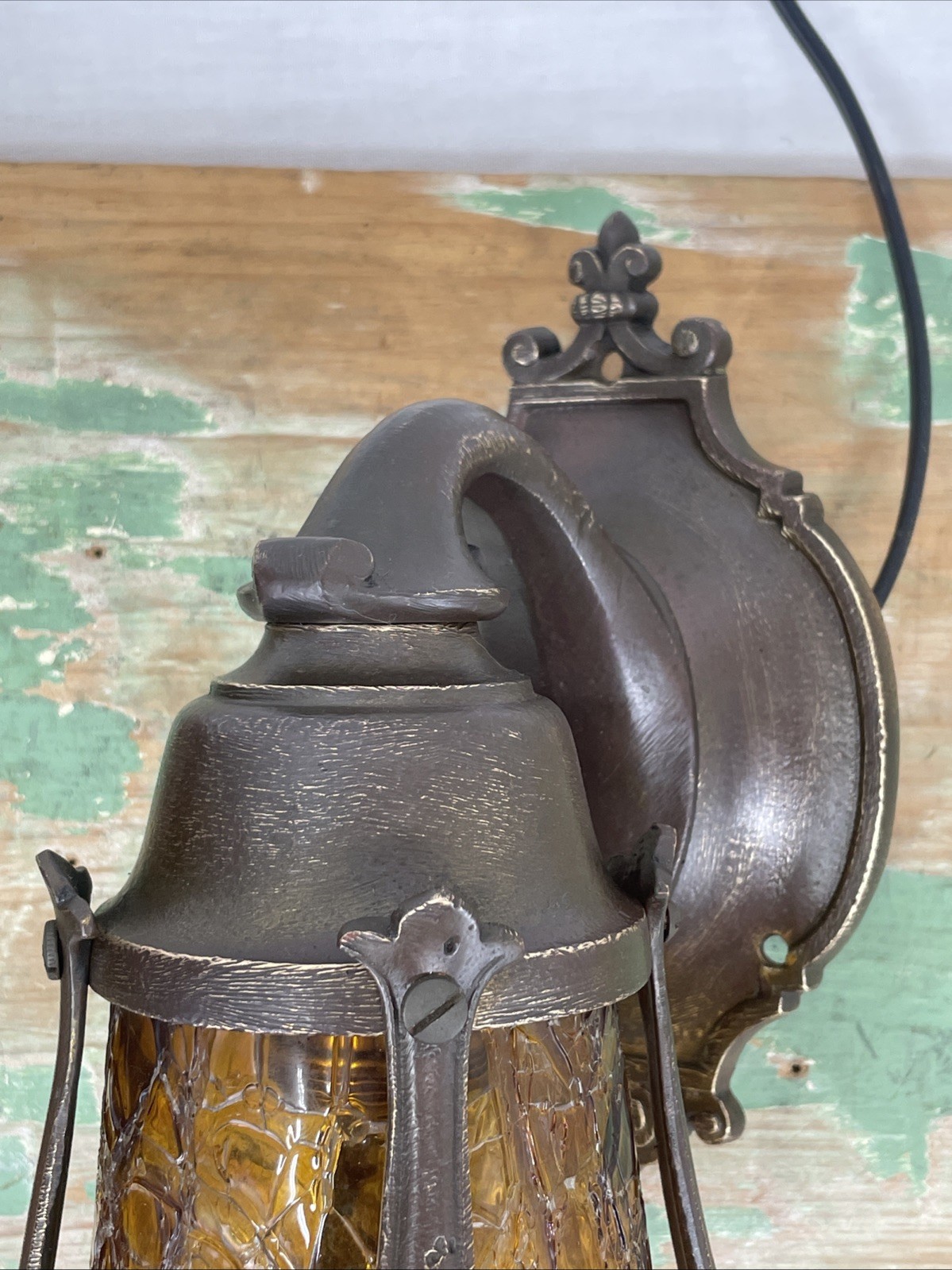 RESTORED Pair Antique Vtg Tudor Arts Crafts Wall Sconces Amber Glass Porch Light