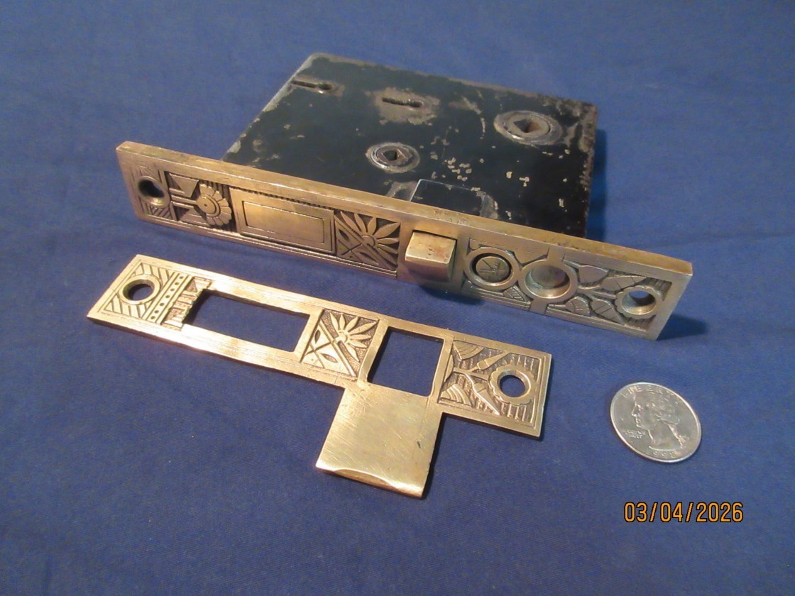 Antique  Ornate Nashua Entry Mortise Lock Latch w/ Strike Plate  1885 Bronze