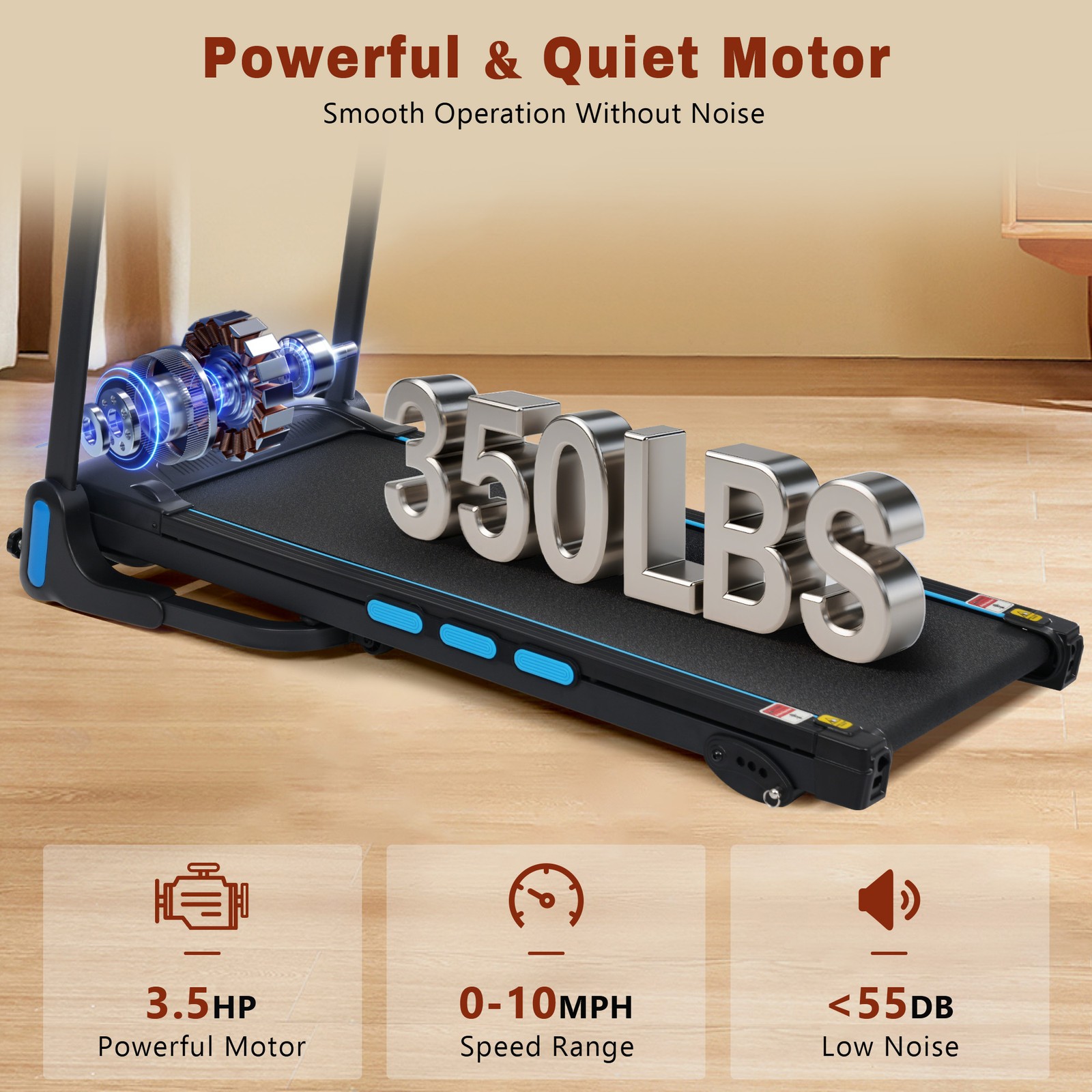 NEW 3.5HP Foldable Incline Treadmill 10MPH Quiet for Home Double Deck Technology
