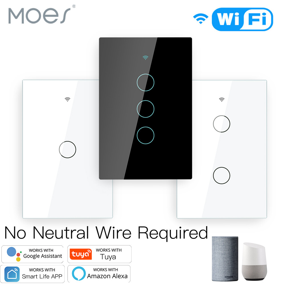 MOES 1/2/3/4 Gang WiFi RF Smart Light Switch Wall Touch No Neutral Alexa Google
