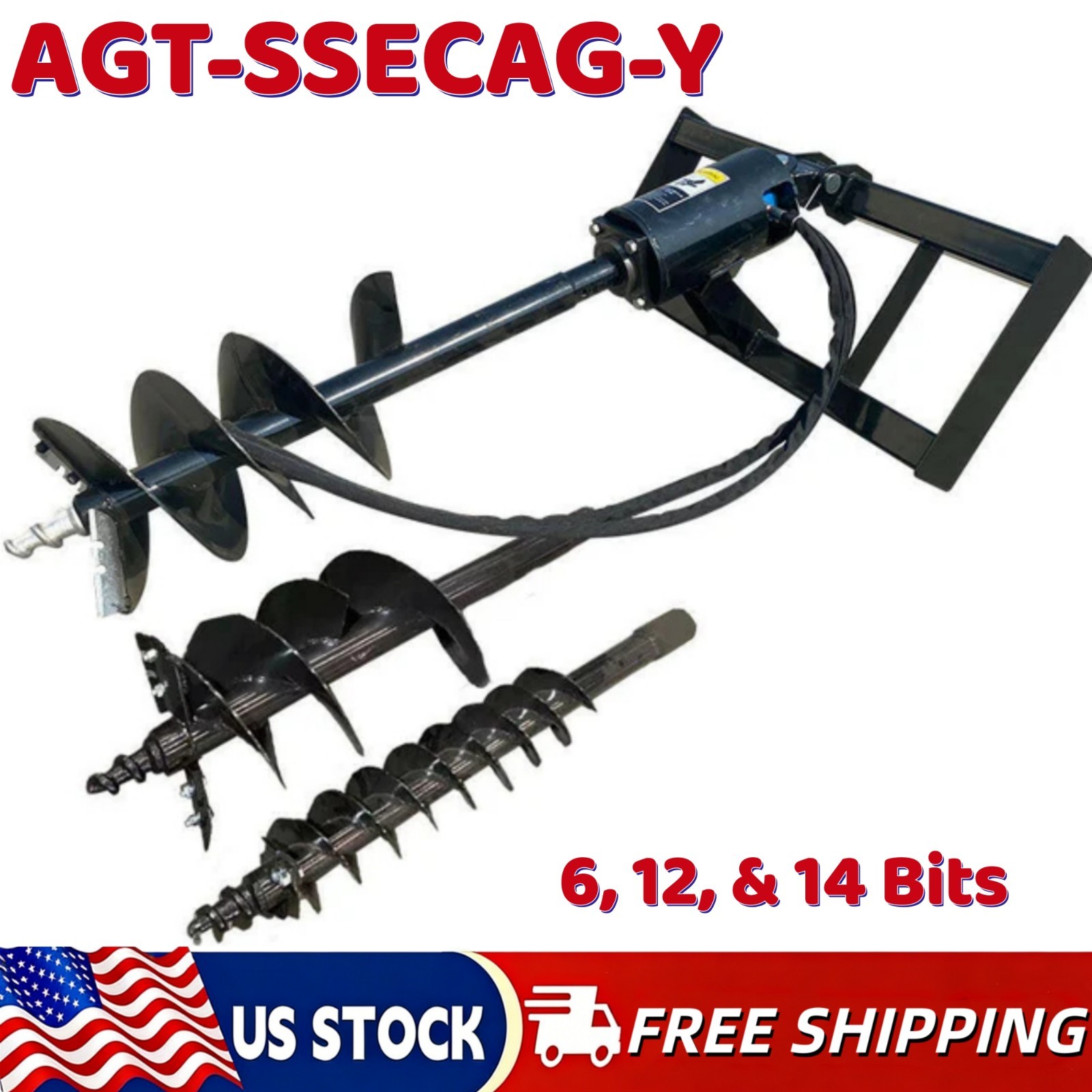 AGT Skid Steer Attachment Auger Post Hole Hydraulic Digger 6, 12, & 14 Bits