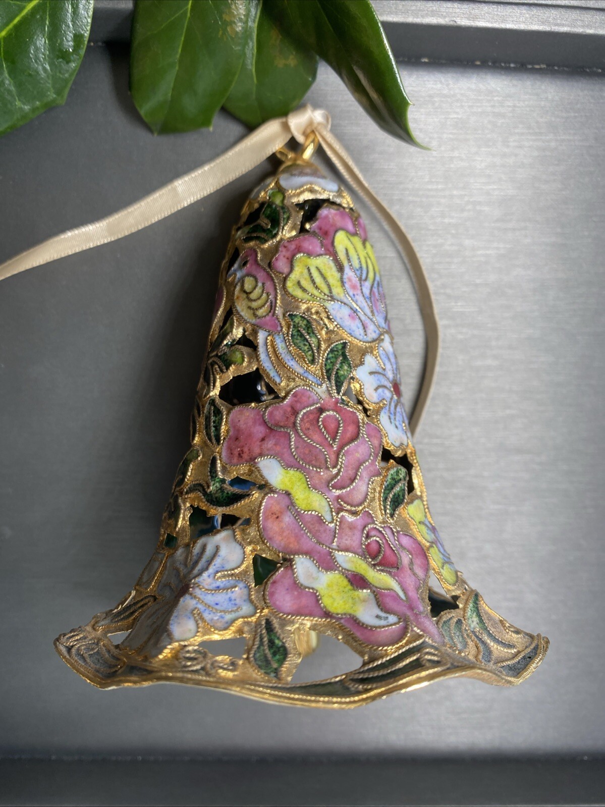 Vintage Bell Cloisonne Enamel Estate Pre-Owned Hand Crafted Bird Flower Pierced