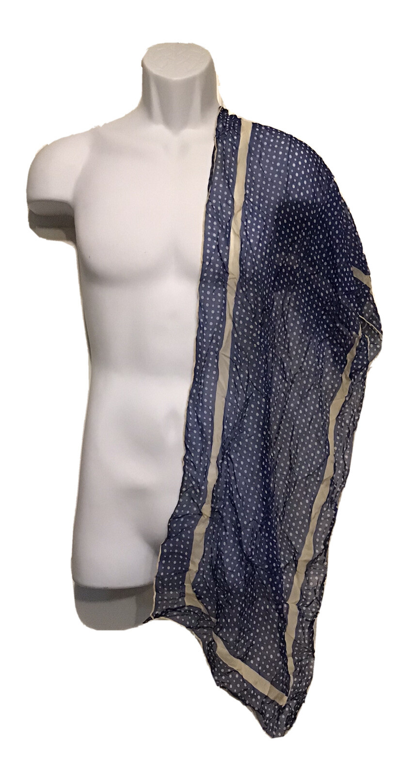 Fashion Scarf Polyester Sheer Blue with Beige Polka Dots 38”x14” Vintage 1960s