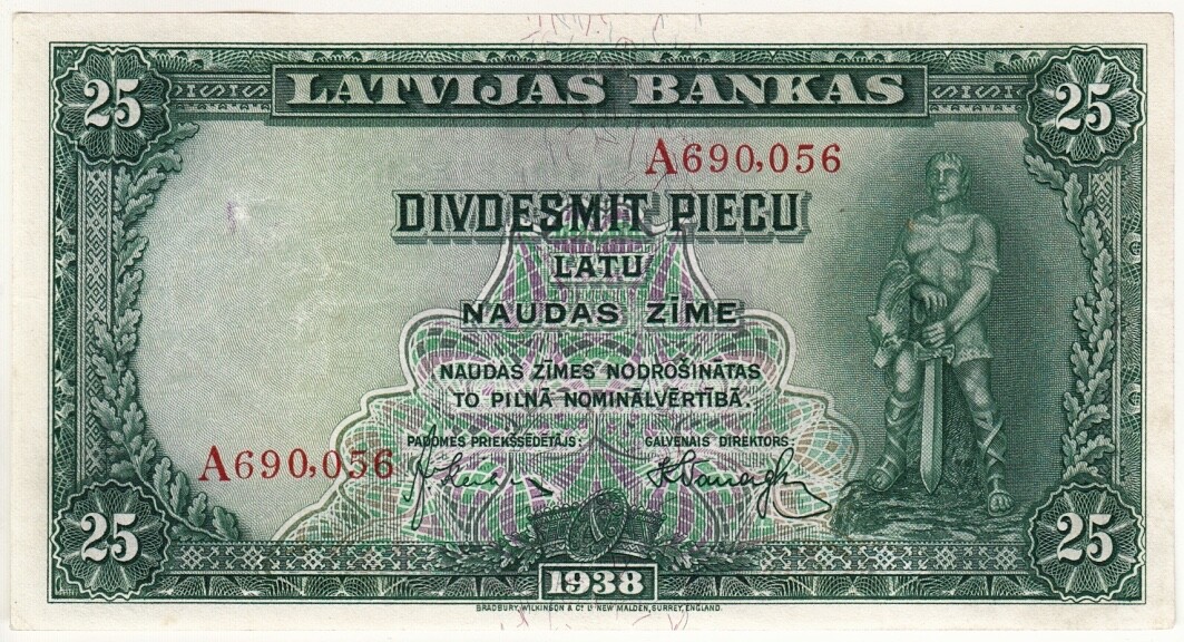 LATVIA P#21a 25 LATU 1938. VF. Series A. Bank of Latvia. National Hero Lacplesis