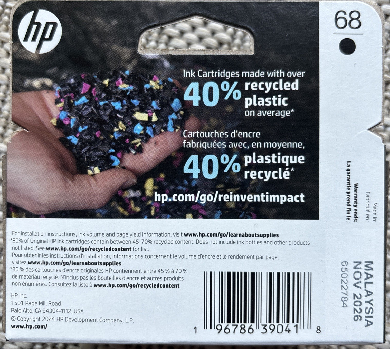 HP 68 Black Ink Cartridge Works Envy 6100e, 6500e Series 7FP21TN EXP 11/26