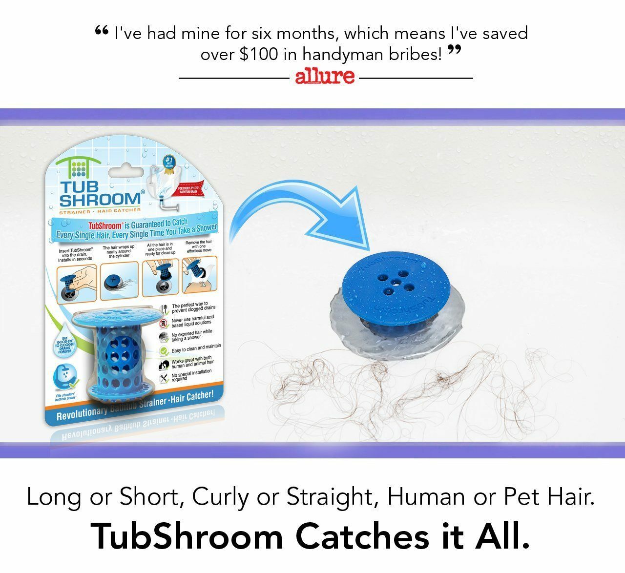 TubShroom® (Blue) Revolutionary Hair Catcher That Prevents Clogged Tub Drains