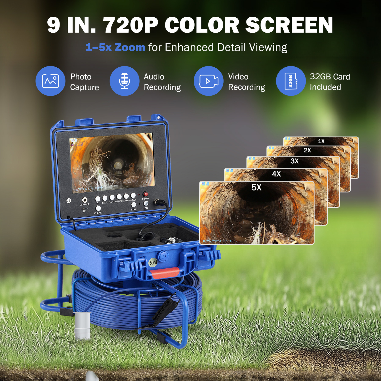 9" Self-Leveling Sewer Camera 32GB w. Locator 164ft /50m Digital Length Counter