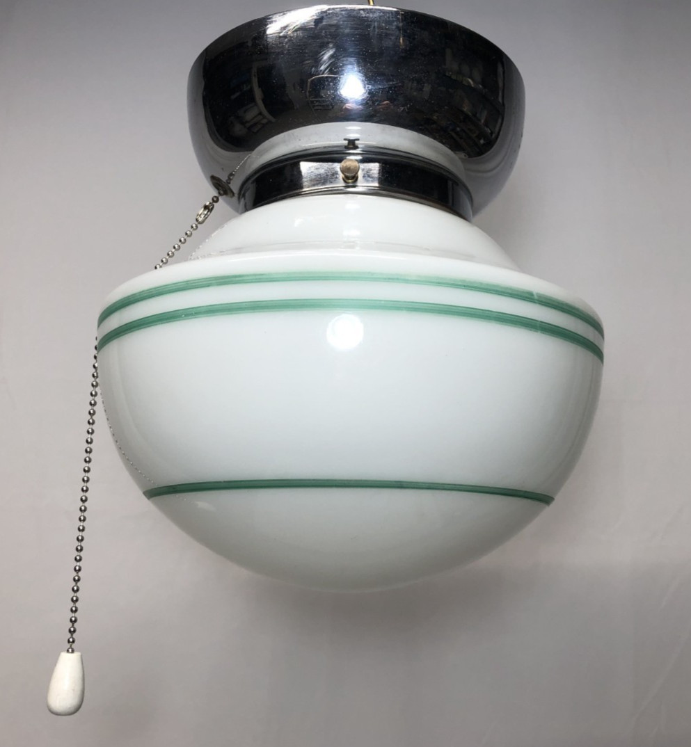 Antique Ceiling Light Chrome Fixture Art Deco Green Glass Shade Stripe USA #K92