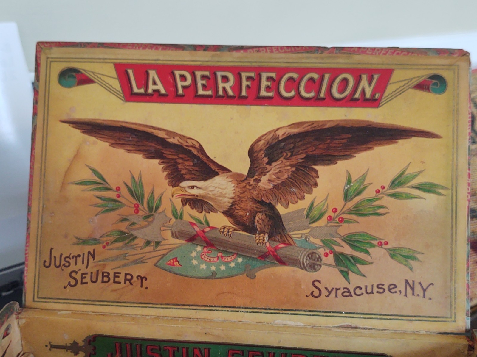 Antique Wood Cigar Box Justin Seubert , American Eagle , Retail label Towanda