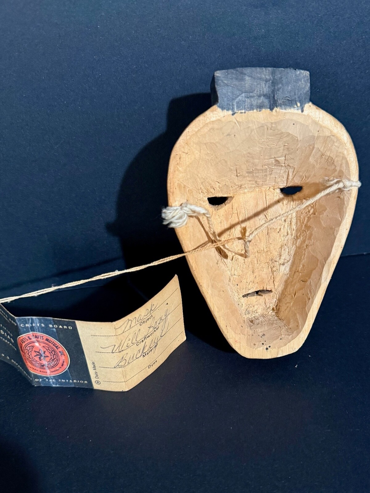 WILL LONG CHEROKEE BUCKEYE “WARRIOR” MASK, ORIGINAL QUALLA TAG, MINT!