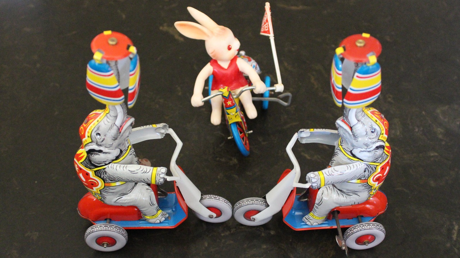 Vintage Toys Schylling Tin Elephant on a Bike, Spinning Globe,Happy Easter Bunny