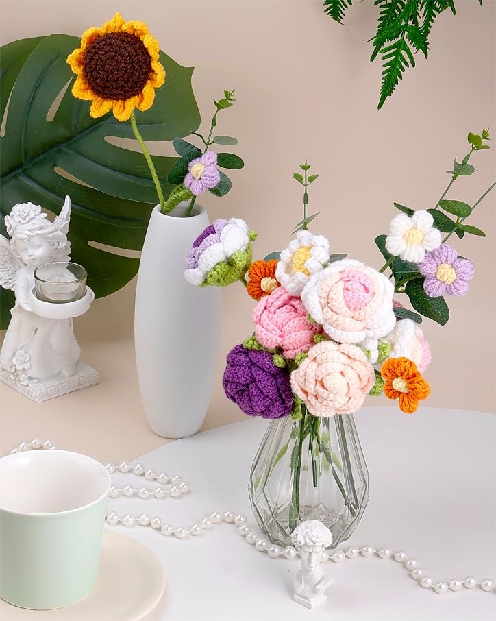 Omldggr Crochet Flowers Bouquet, Knitted 14 x 7.8 x 2.4 inches, Purple-rose